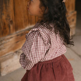 Printed Gingham Ruffle Top - Mulberry Clover- Side- On Model