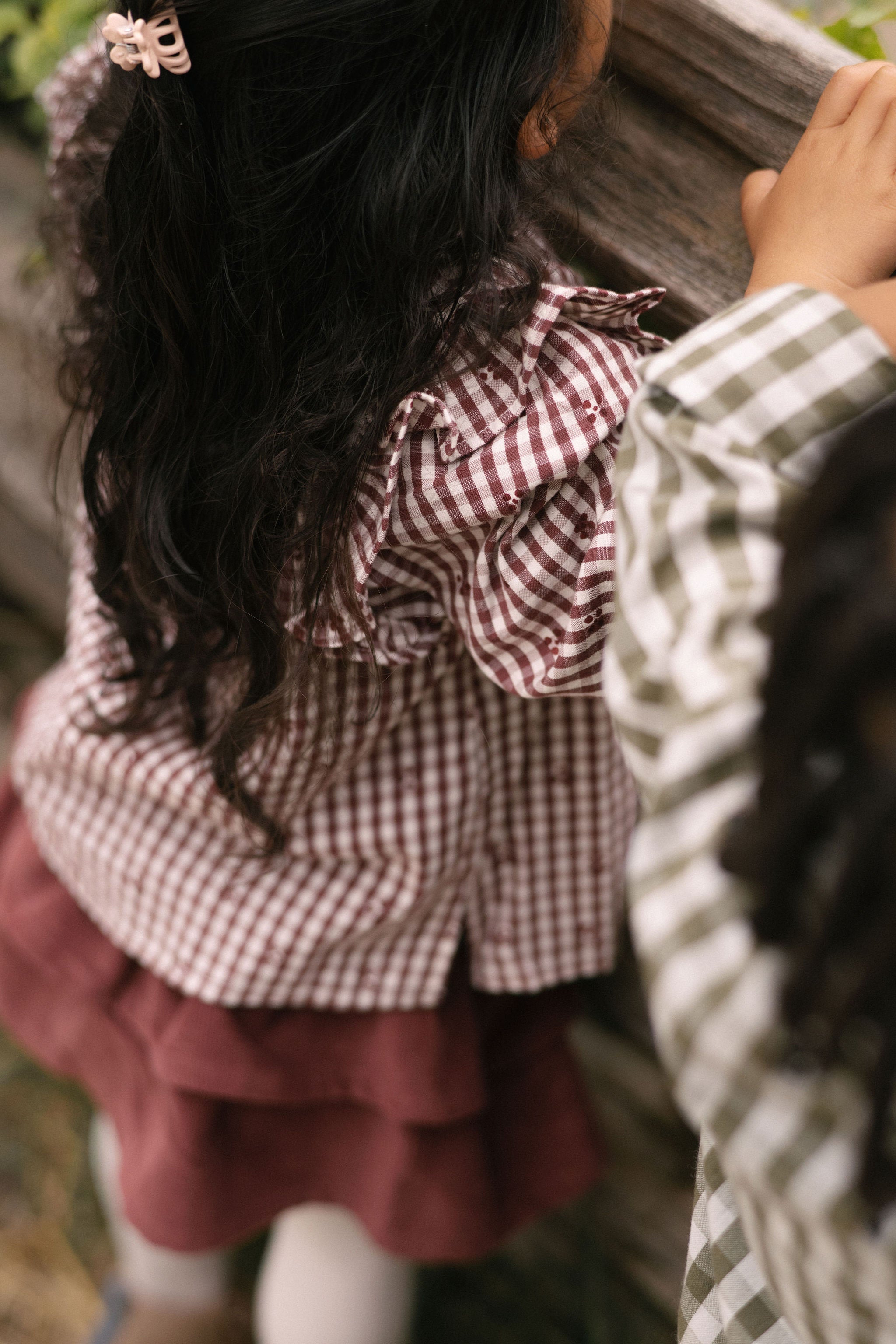 Printed Gingham Ruffle Top - Mulberry Clover- On Model - Back