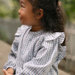 Printed Gingham Ruffle Top - Harbor Clover- On Model- Side