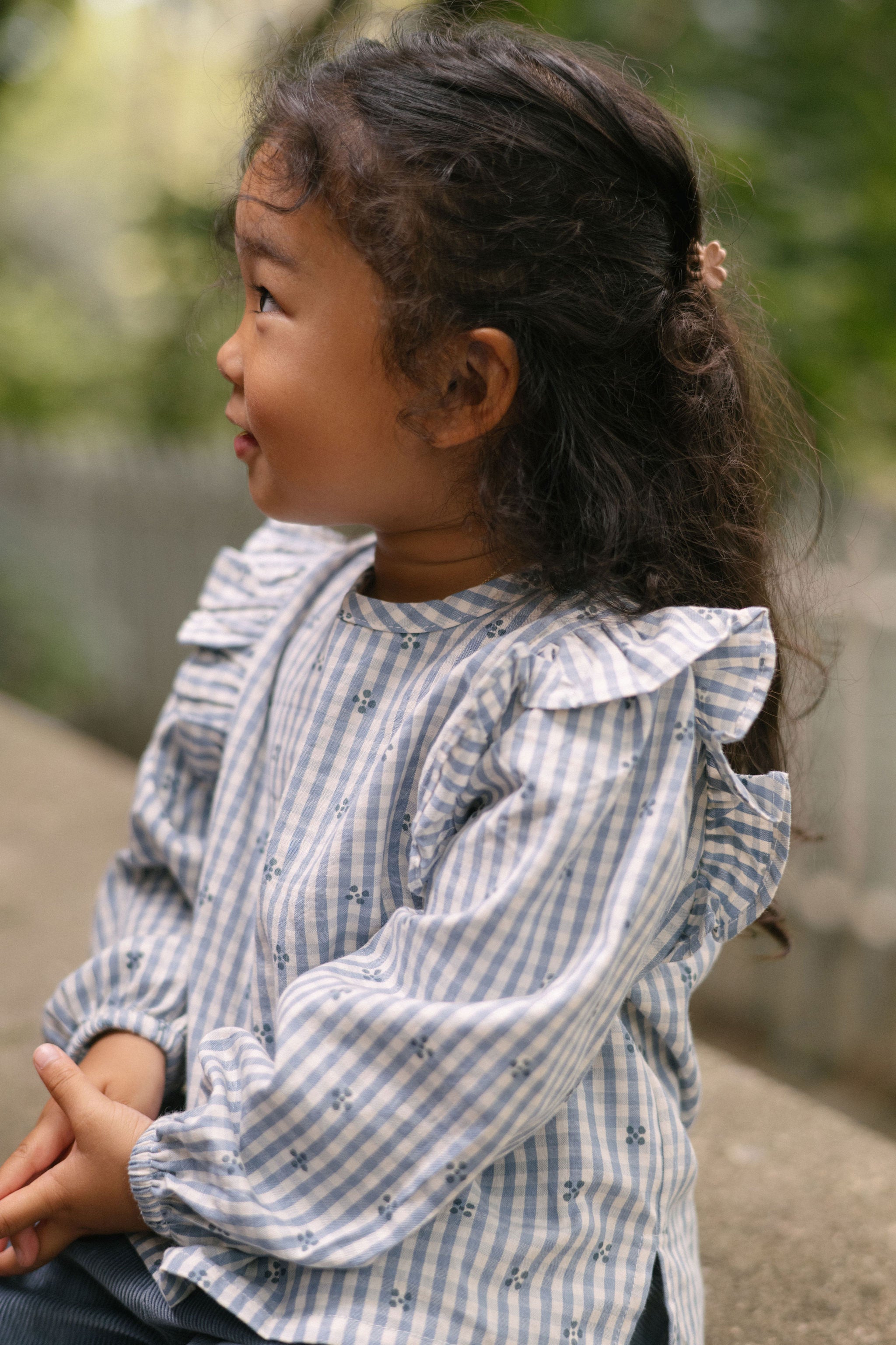 Printed Gingham Ruffle Top - Harbor Clover- On Model- Side