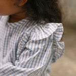 Printed Gingham Ruffle Top - Harbor Clover- On Model Up Close Sleeve Ryffle