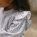 Printed Gingham Ruffle Top - Harbor Clover- On Model Up Close Sleeve Ryffle