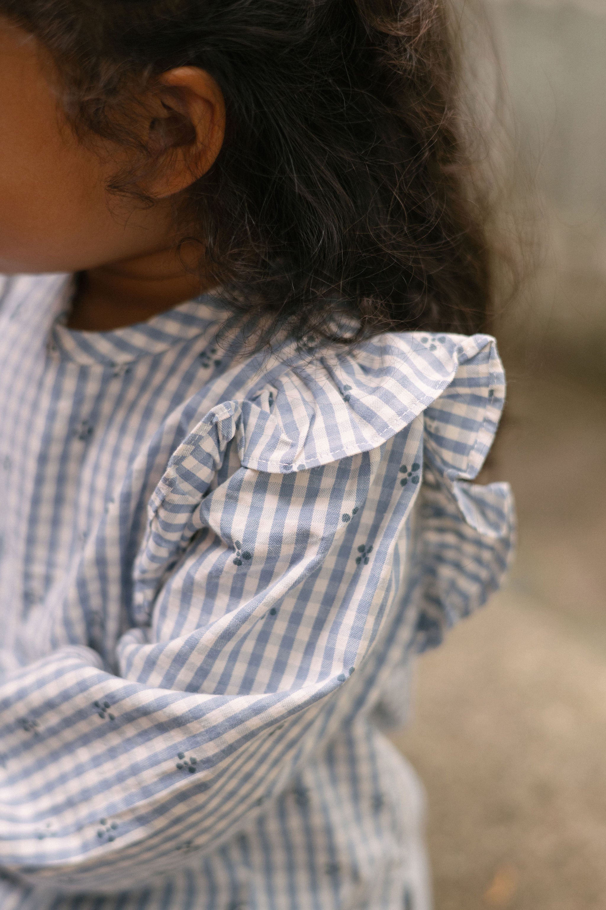 Printed Gingham Ruffle Top - Harbor Clover- On Model Up Close Sleeve Ryffle