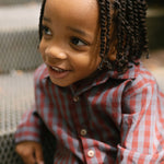 Gingham Button-up Shirt - Mulberry/Harbor- On Model - Up Close