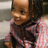 Gingham Button-up Shirt - Mulberry/Harbor- On Model - Up Close