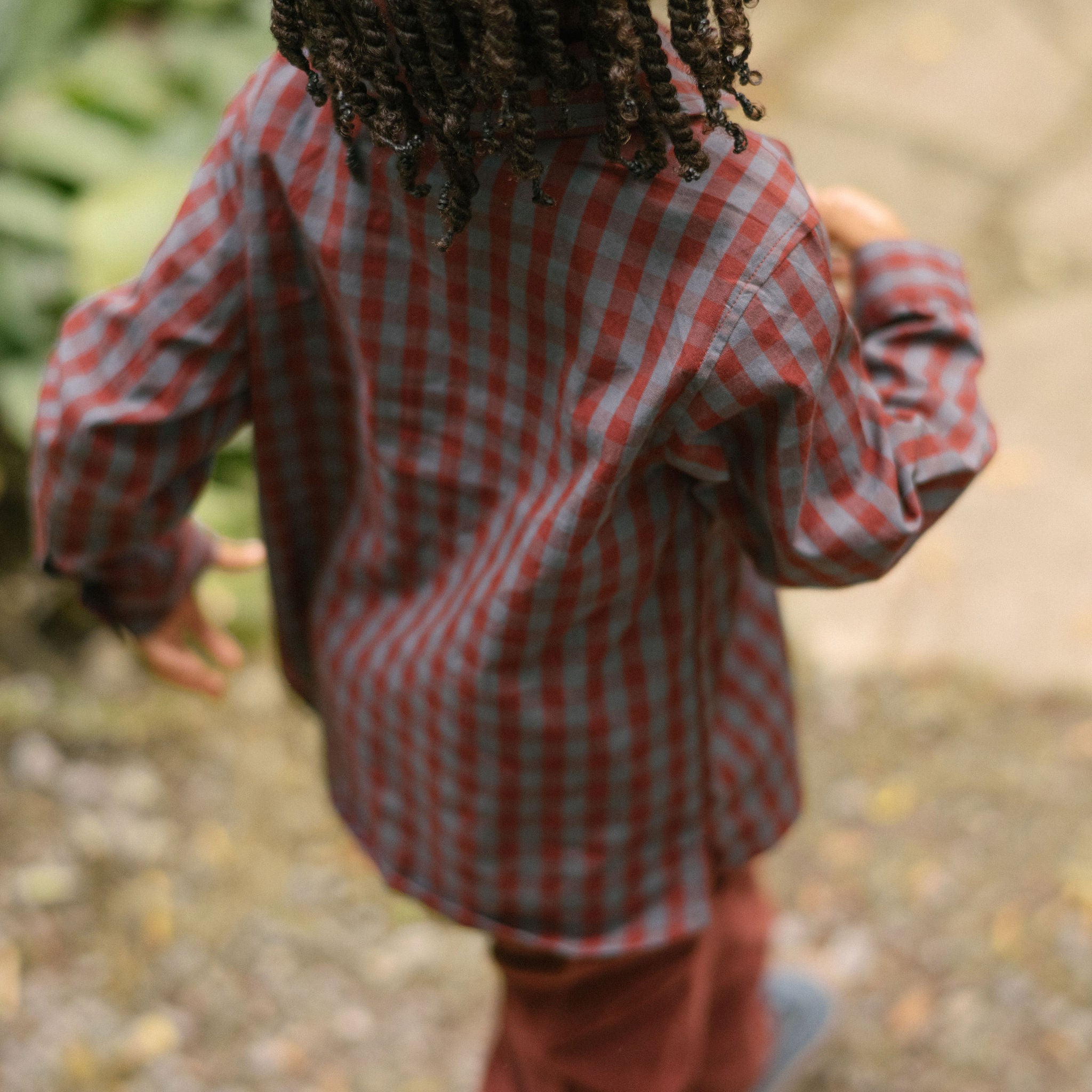 Gingham Button-up Shirt - Mulberry/Harbor- Back- On Model