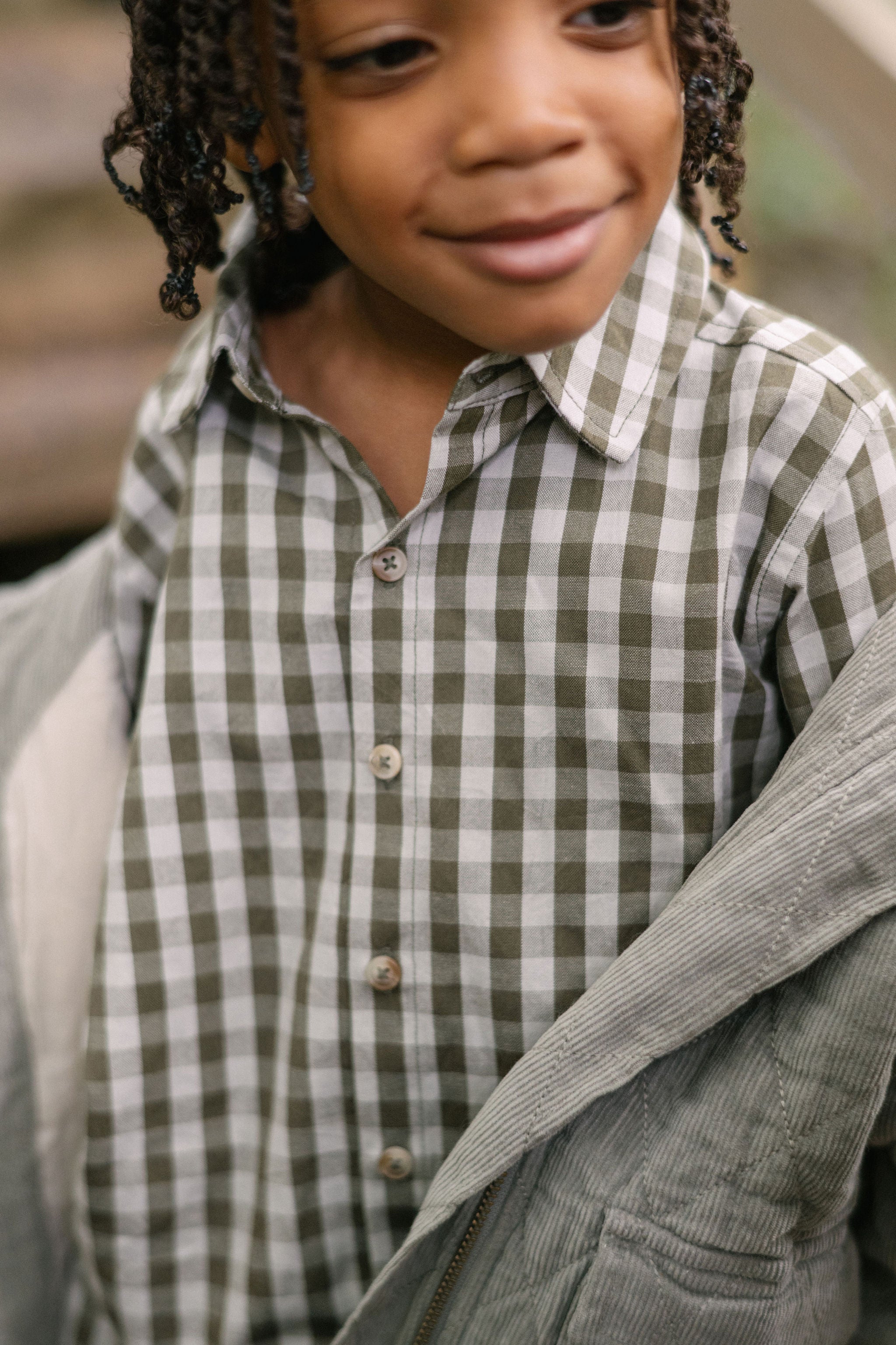 Gingham Button-up Shirt - Sage/Pine- Up Close- On Model