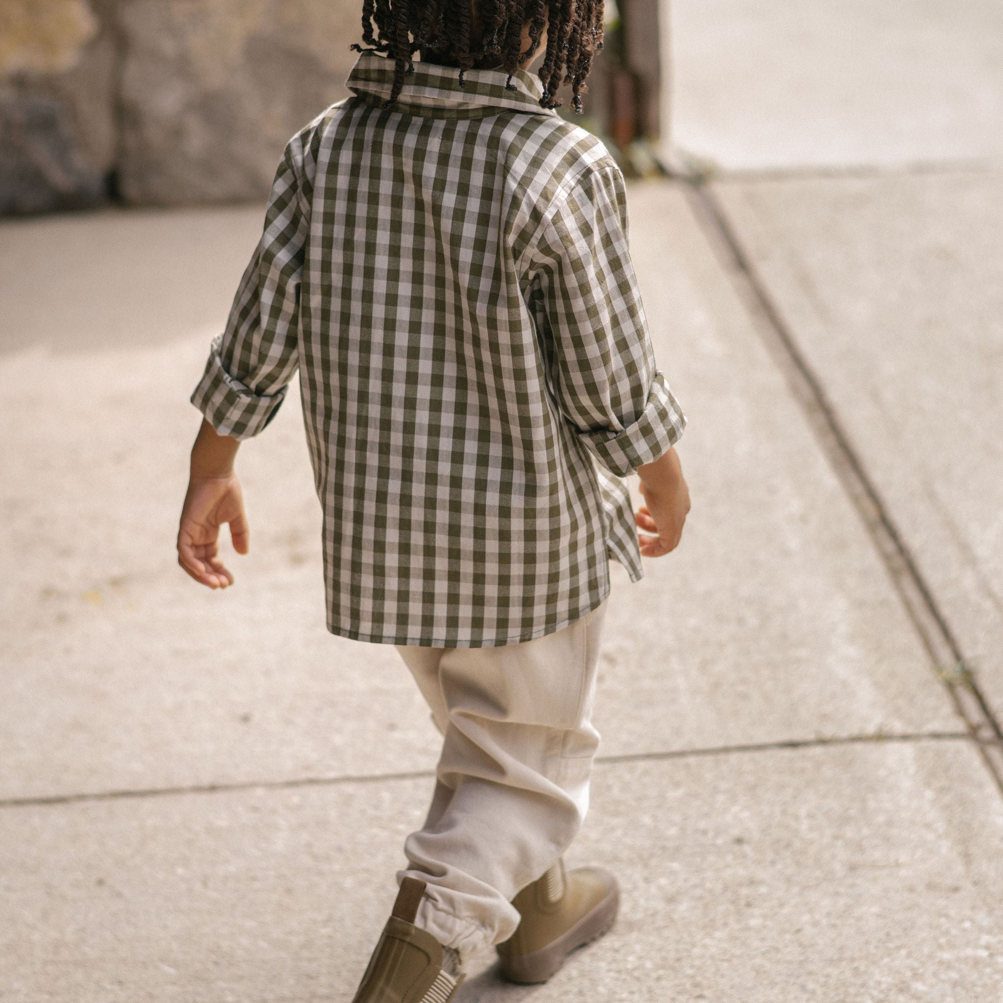 Gingham Button-up Shirt - Sage/Pine- On Model- Back