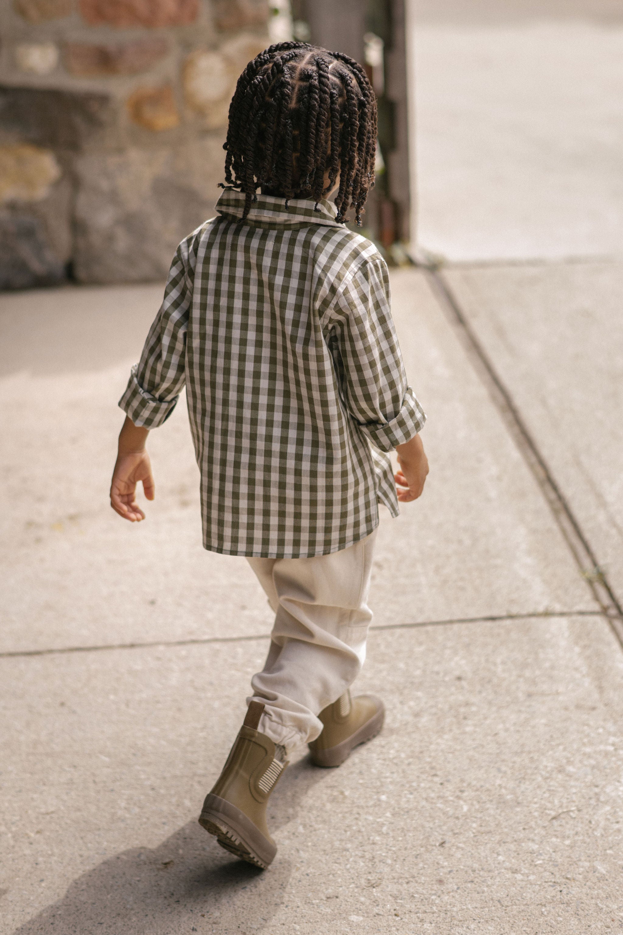 Gingham Button-up Shirt - Sage/Pine- On Model- Back
