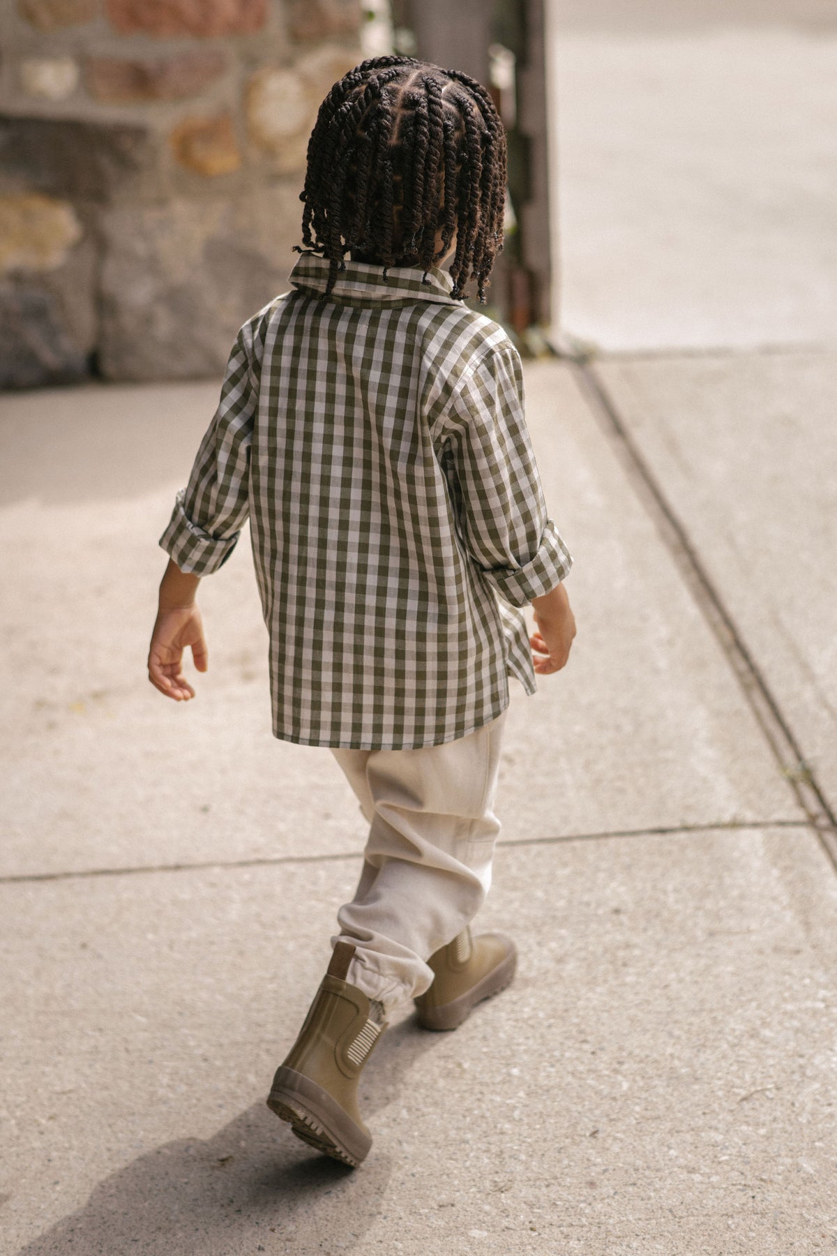 Gingham Button-up Shirt - Sage/Pine- On Model- Back