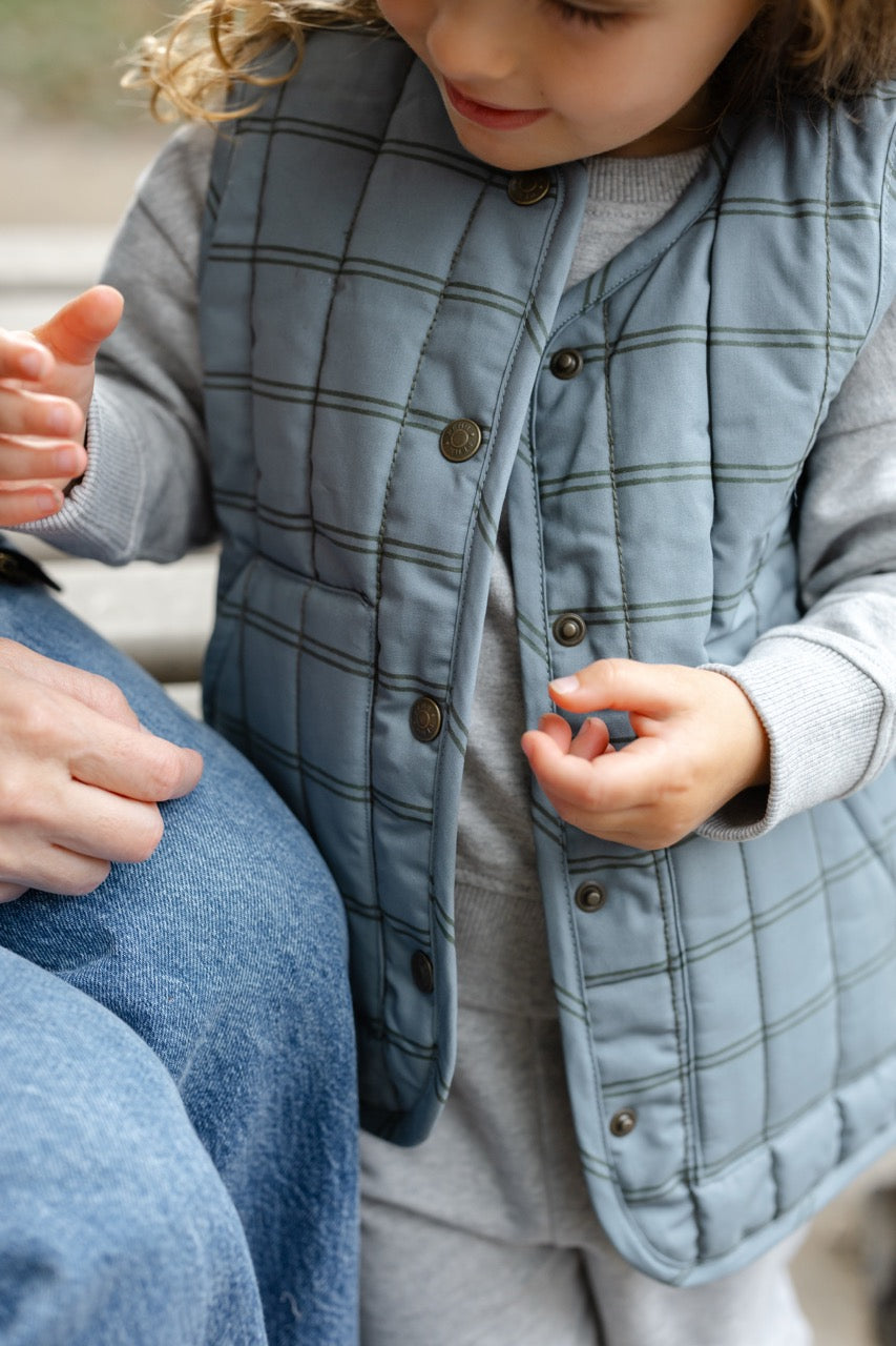 Coated Quilted Vest - Windowpane- On Toddler- Up Close- Blue Check Print- Snap Buttons