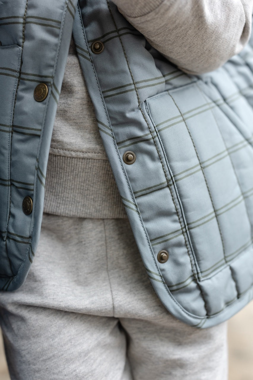 Coated Quilted Vest - Windowpane- On Toddler- Up Close- Snap Buttons