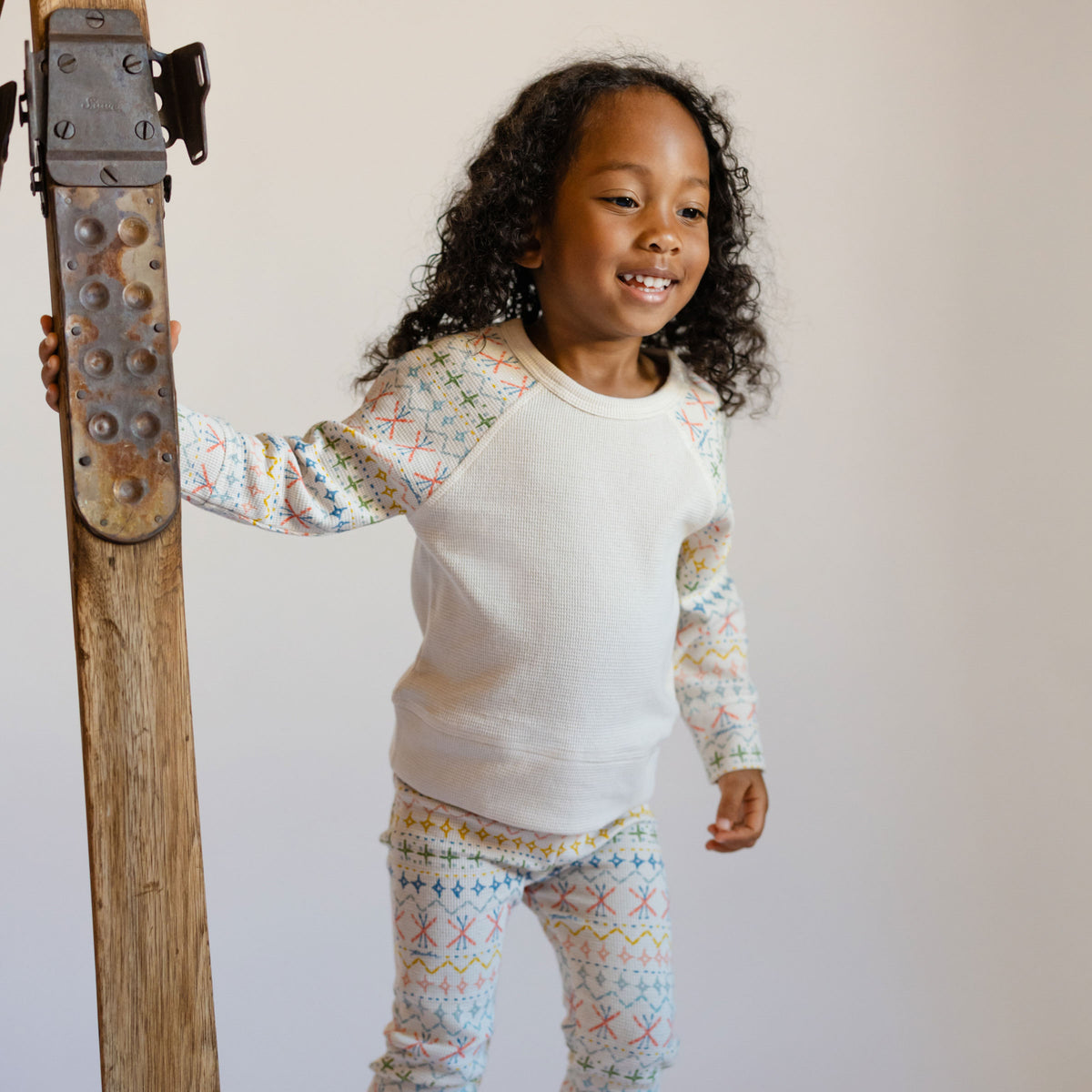 Petit Ski Long Sleeve Raglan Top - Snow Patrol- On Toddler- White With Colorful Sleeve Blocks
