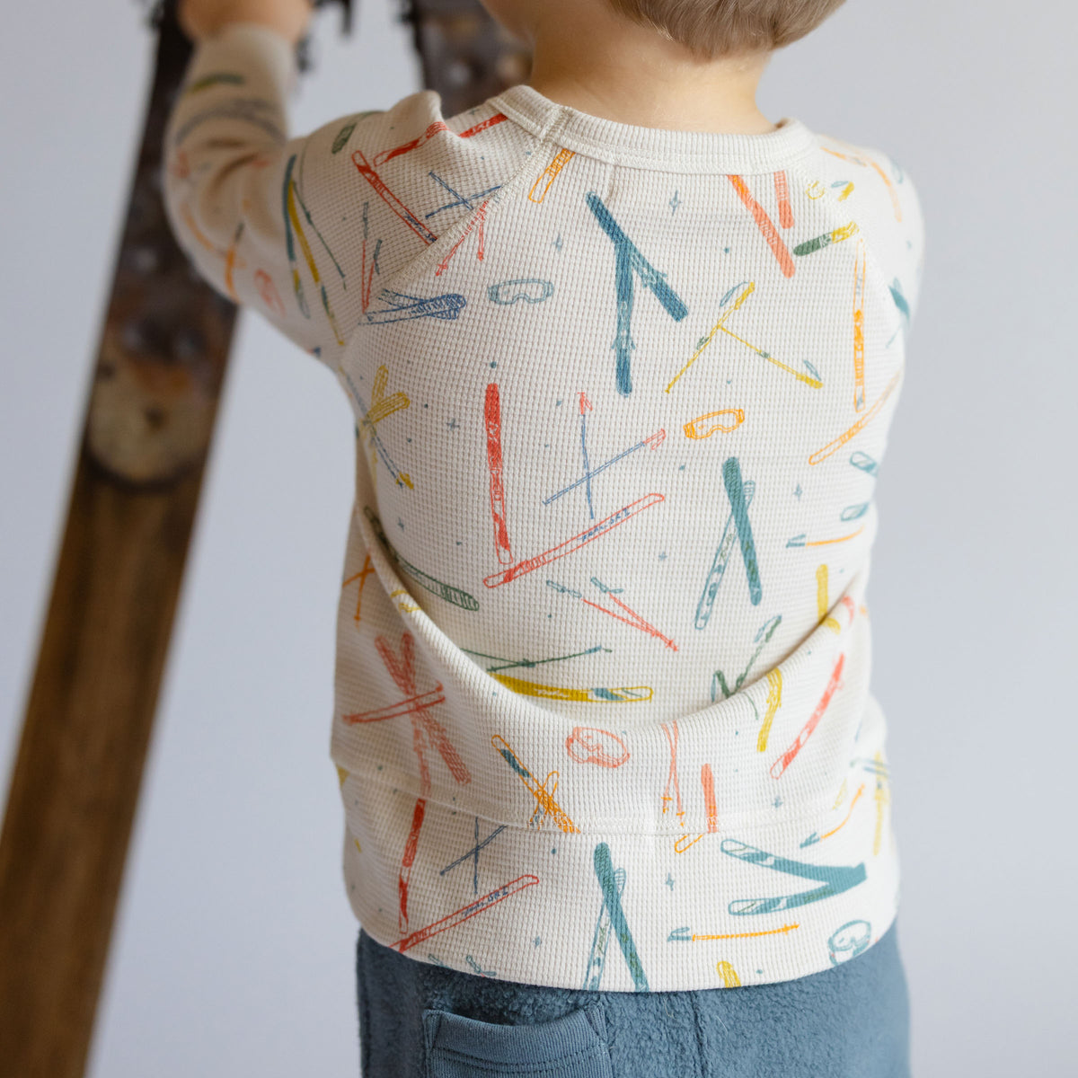 Petit Ski Long Sleeve Raglan Top - Apres- Back of Toddler- Colorful Ski Print