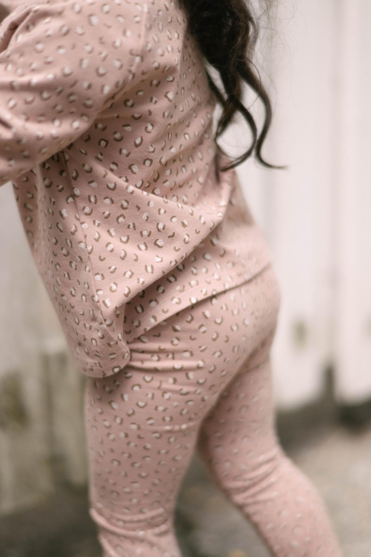 Essentials Raglan Long Sleeve Top - Spotted Pink- On Model- Up Close- Side
