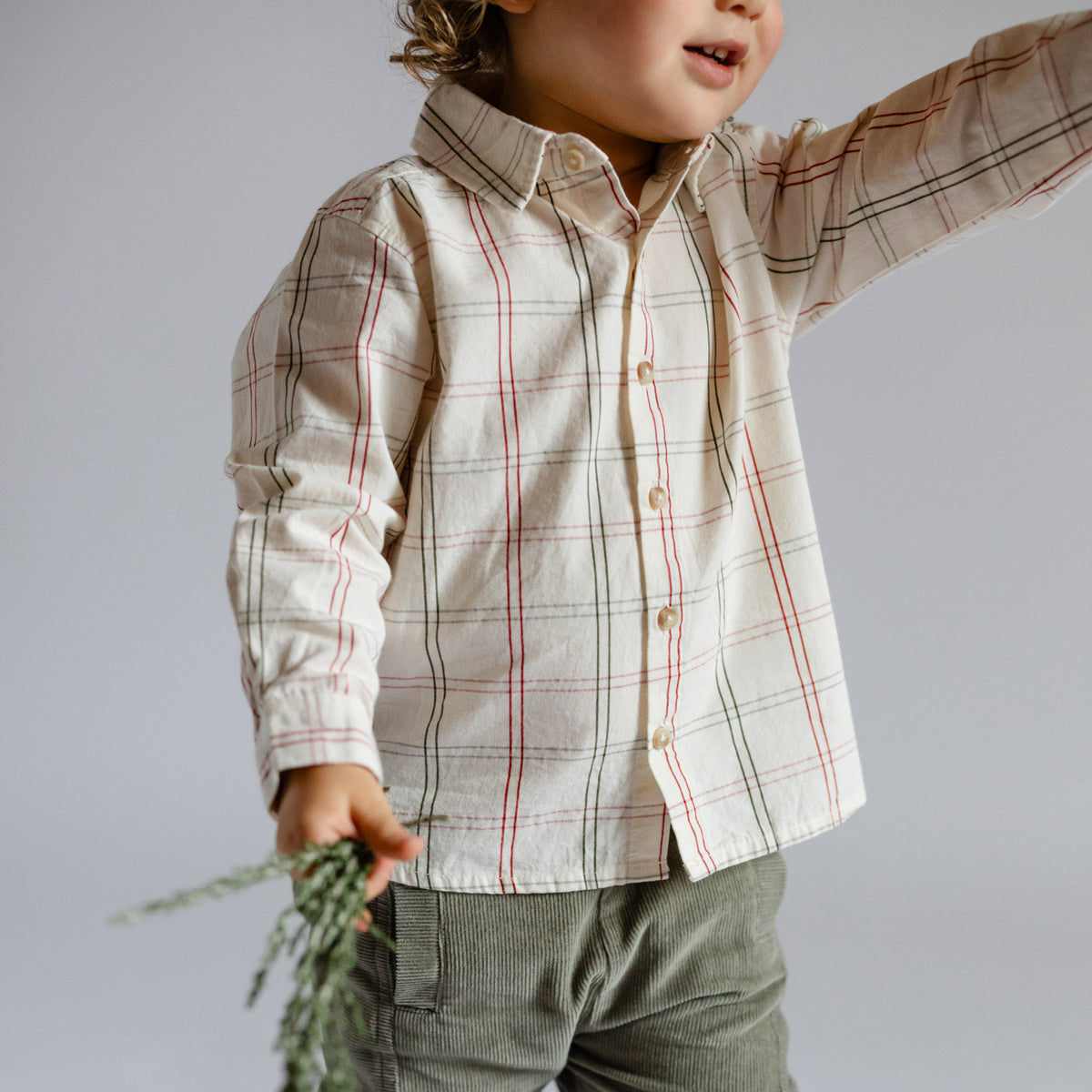 Holiday Check Button-Up Shirt - Noel- On Toddler- Red and Green Windowpane