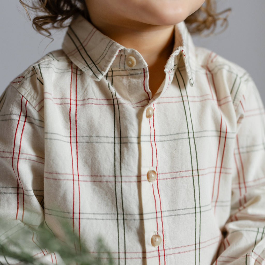 Holiday Check Button-Up Shirt - Noel- On Toddler- Red and Green Windowpane- Up Close Collar