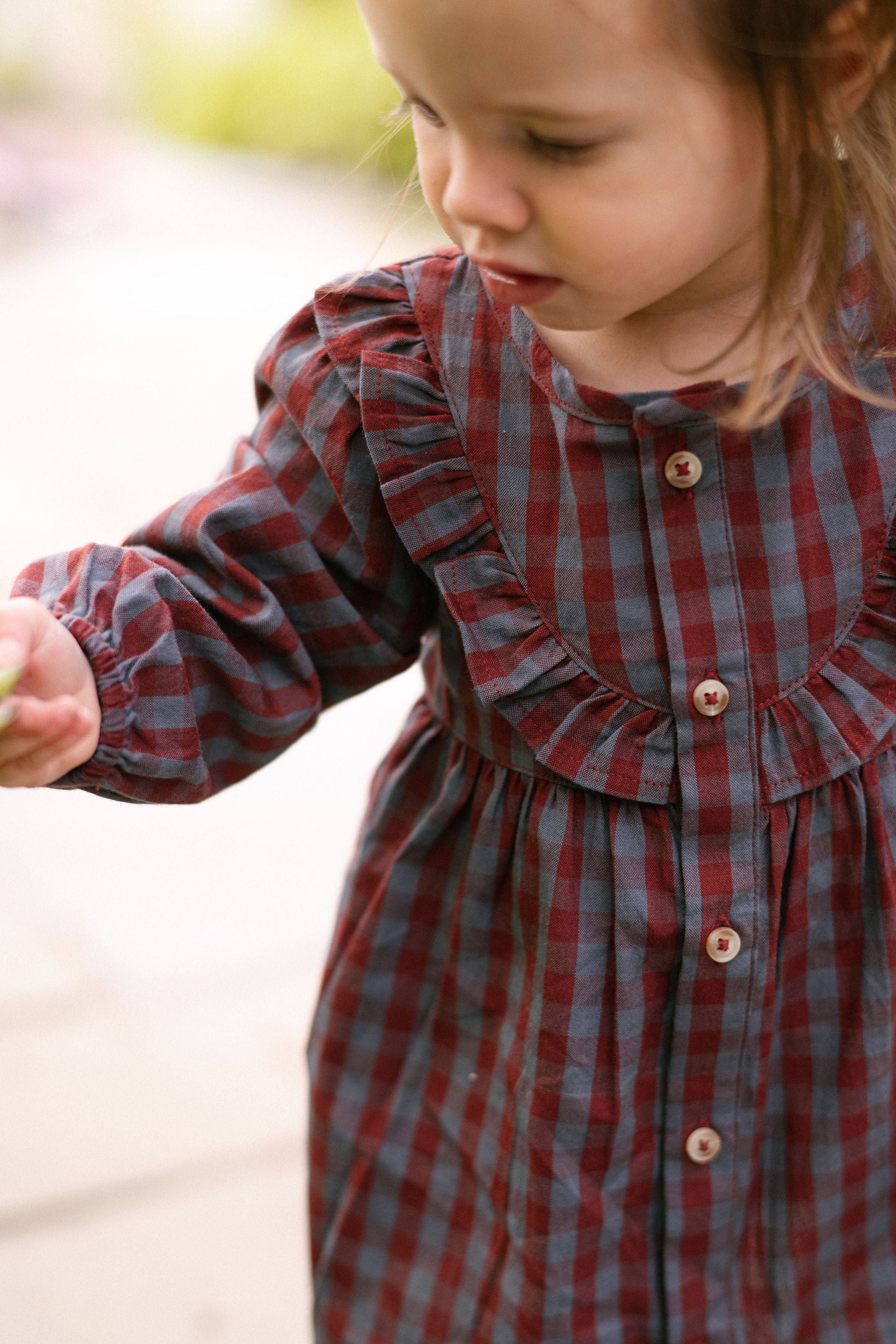 Gingham Dress - Mulberry/Harbor- On Model- Front- Up Close - Buttons