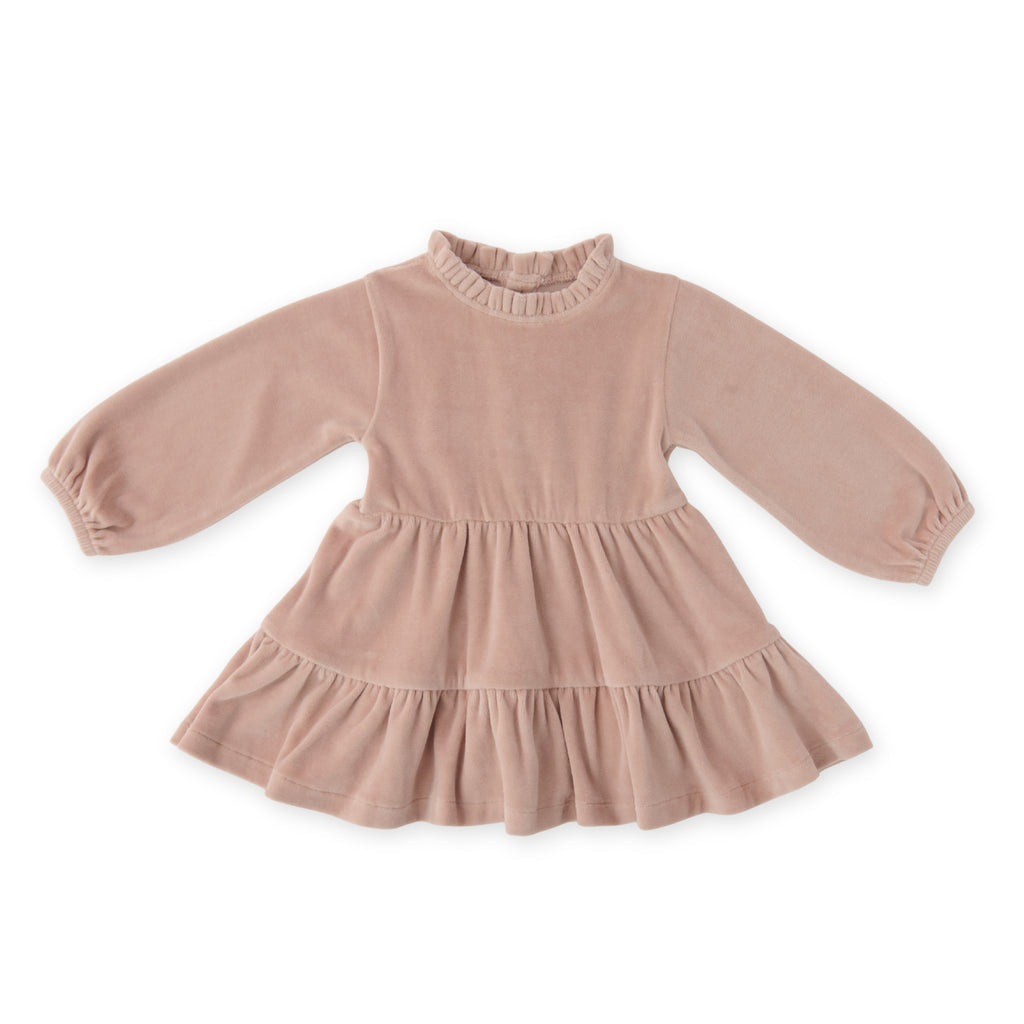 Velour Tiered Long Sleeves Dress - Rose Pink- Front