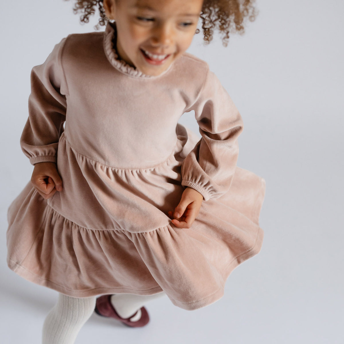 Velour Tiered Long Sleeves Dress - Rose Pink- Twirling Toddler- Tiers