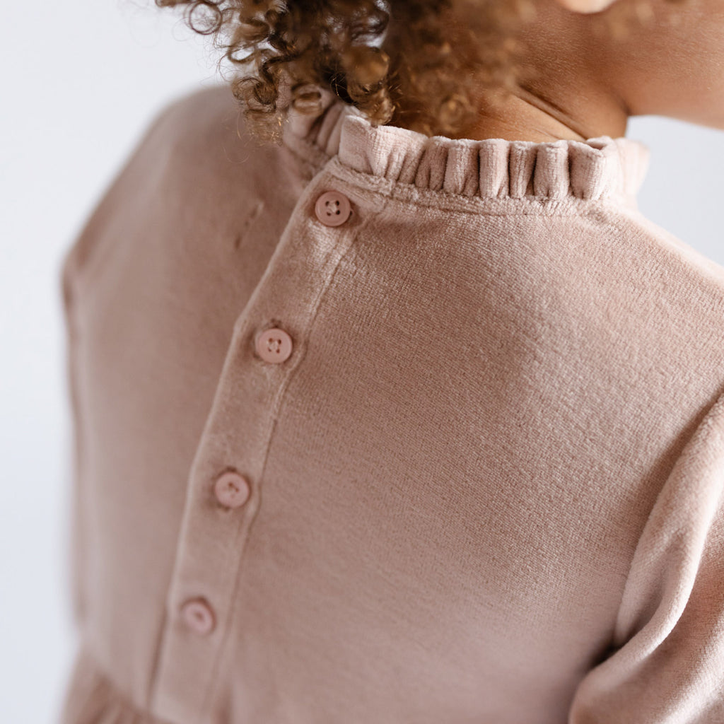 Velour Tiered Long Sleeves Dress - Rose Pink- Toddler Up Close Back Buttons