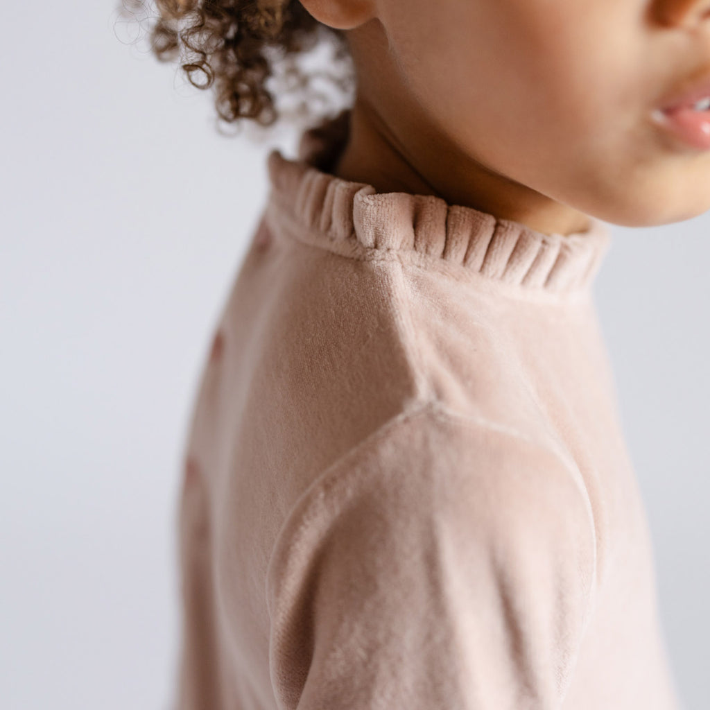 Velour Tiered Long Sleeves Dress - Rose Pink- Neck Detail- Collar