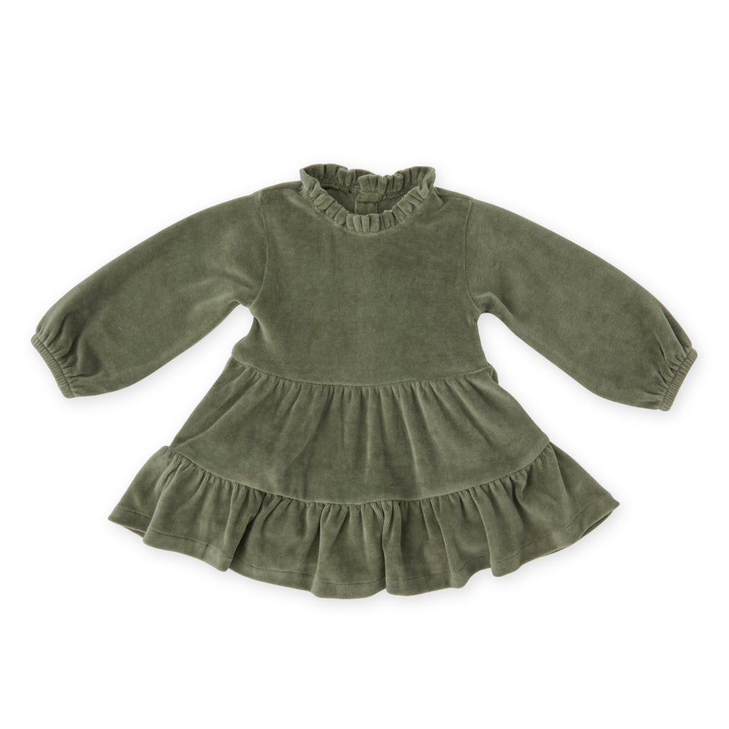 Velour Tiered Long Sleeves Dress - Pine- Front
