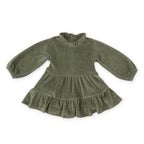 Velour Tiered Long Sleeves Dress - Pine- Front