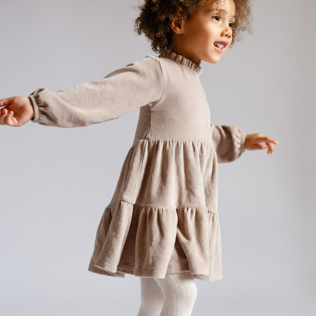 Velour Tiered Long Sleeves Dress - Rabbit- Toddler Twirling- Tiers- Soft
