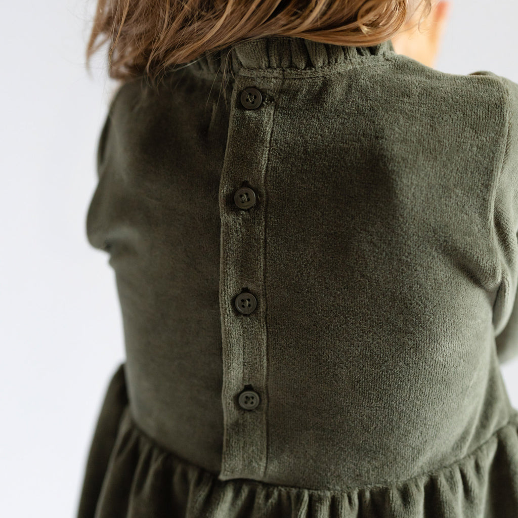 Velour Tiered Long Sleeves Dress - Pine- Back Of Toddler- Up Close Buttons
