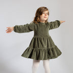 Velour Tiered Long Sleeves Dress - Pine- Toddler Twirling- Tiered Dress