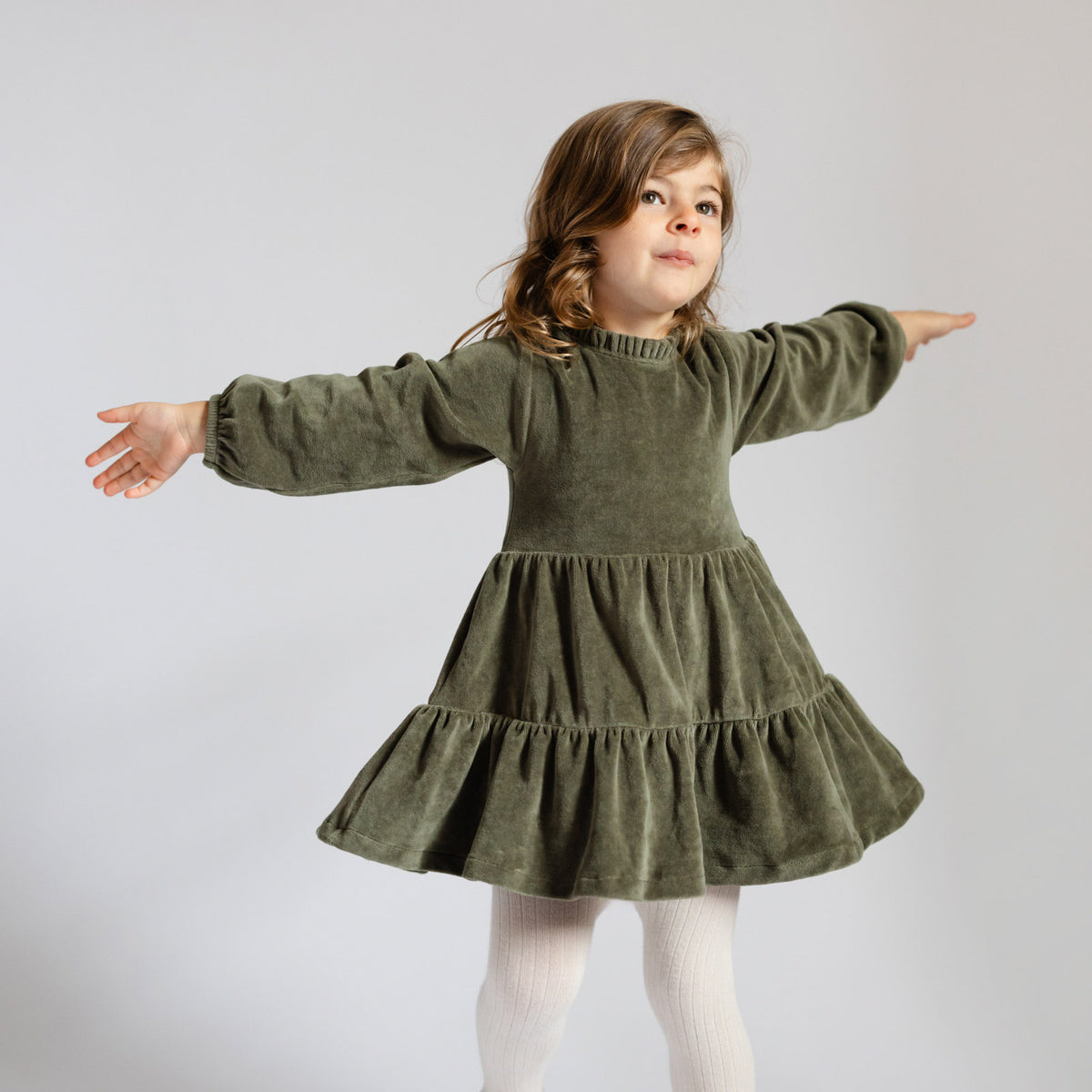 Velour Tiered Long Sleeves Dress - Pine- Toddler Twirling- Tiered Dress