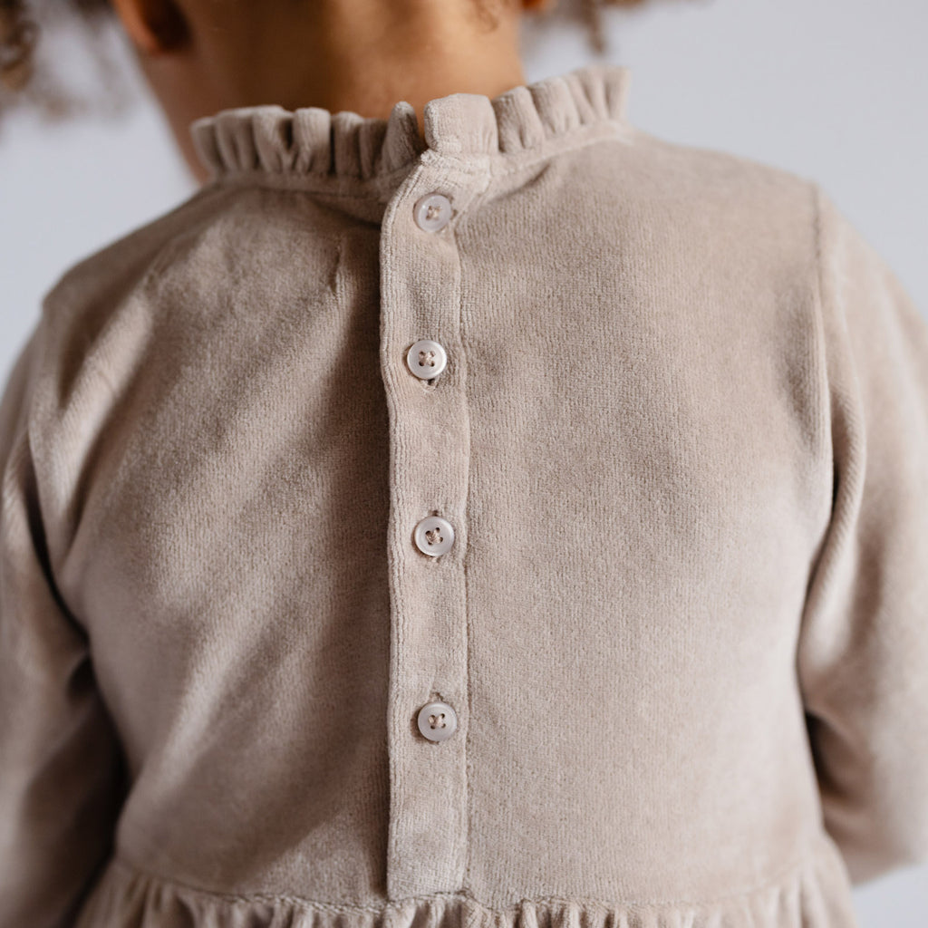 Velour Tiered Long Sleeves Dress - Rabbit- Up Close Back Buttons on Toddler