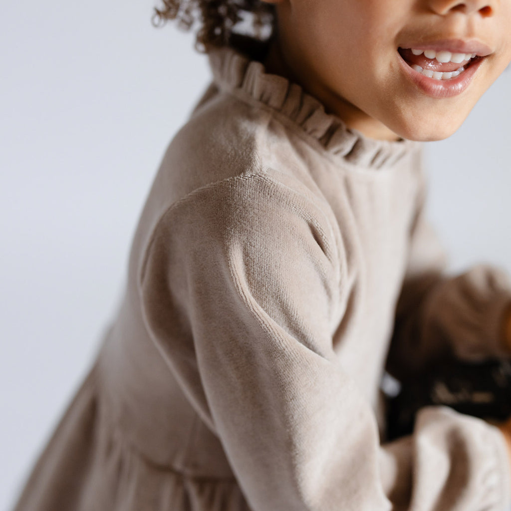Velour Tiered Long Sleeves Dress - Rabbit- Side of Toddler Arm- Soft