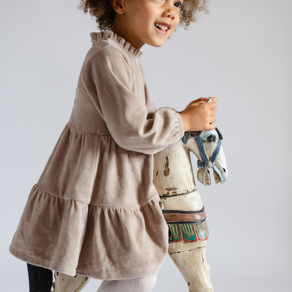 Velour Tiered Long Sleeves Dress - Rabbit- Toddler on Rocking Horse- Tiered-Soft