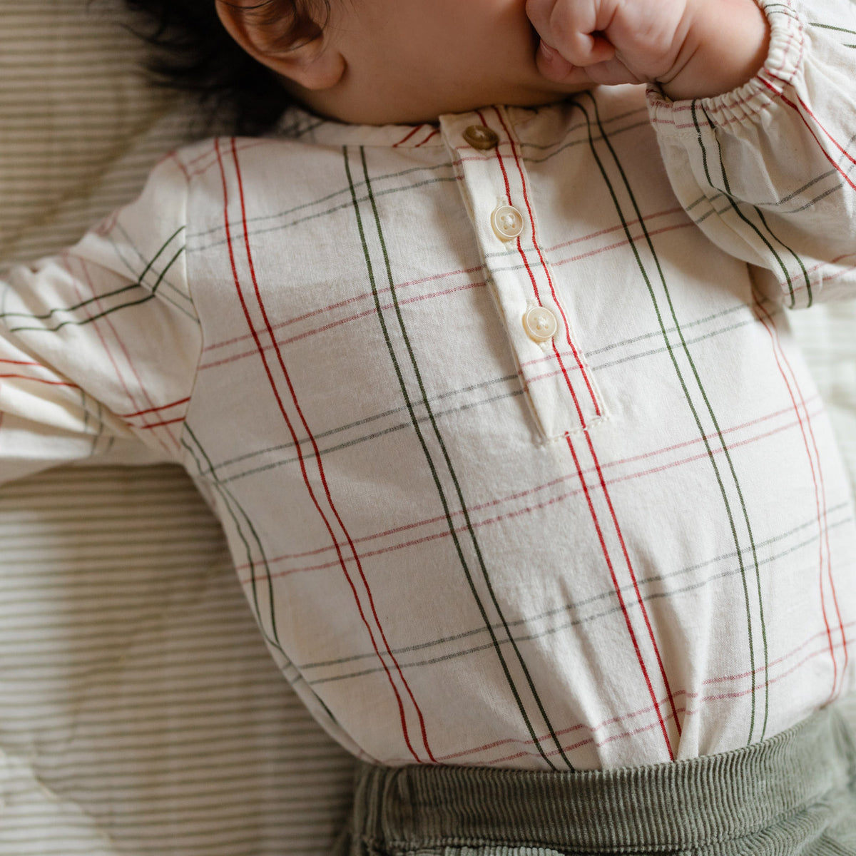 Holiday Check Long Sleeve One-Piece - Noel- On Baby- Red and Green Windowpane