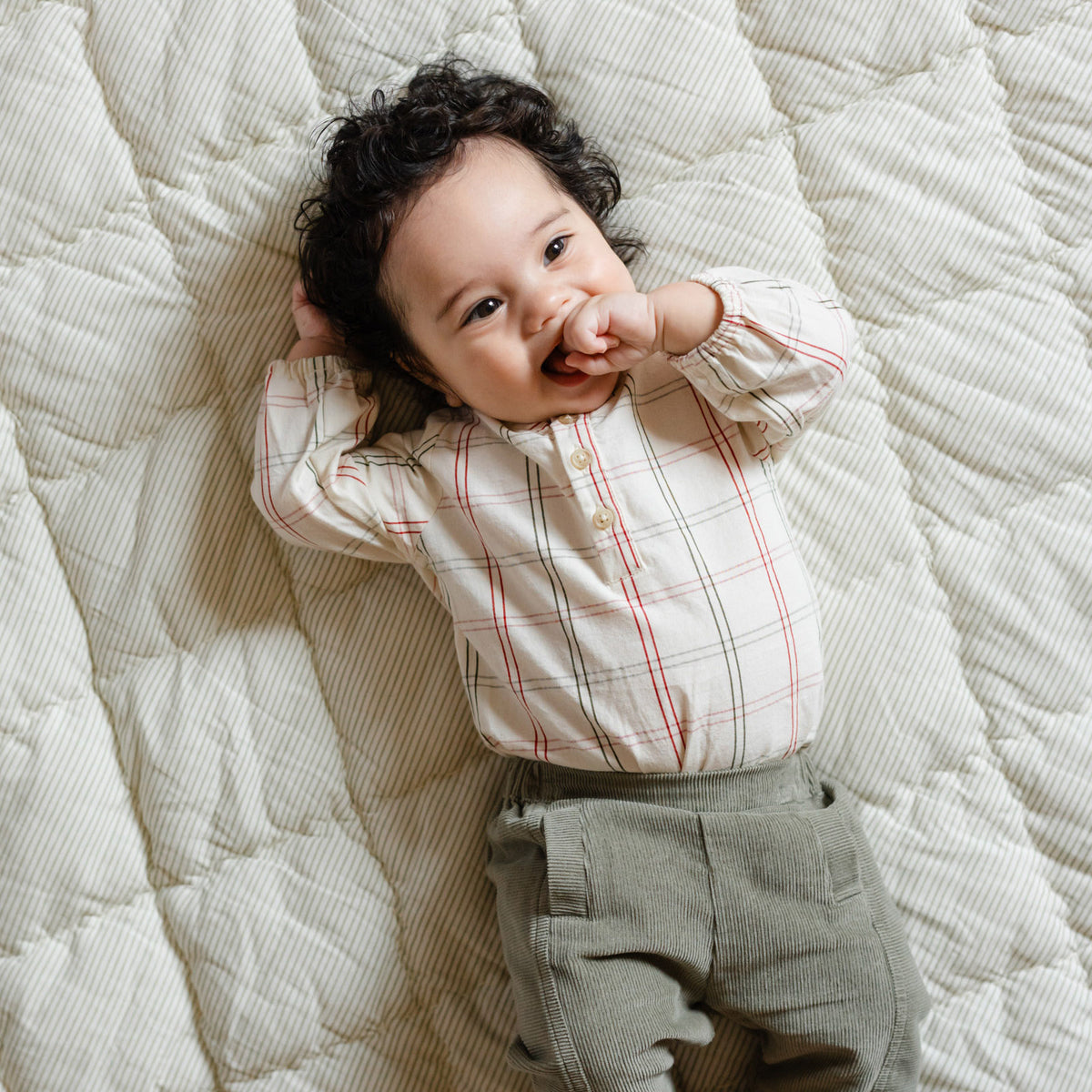 Holiday Check Long Sleeve One-Piece - Noel- On Baby- Red and Green Windowpane