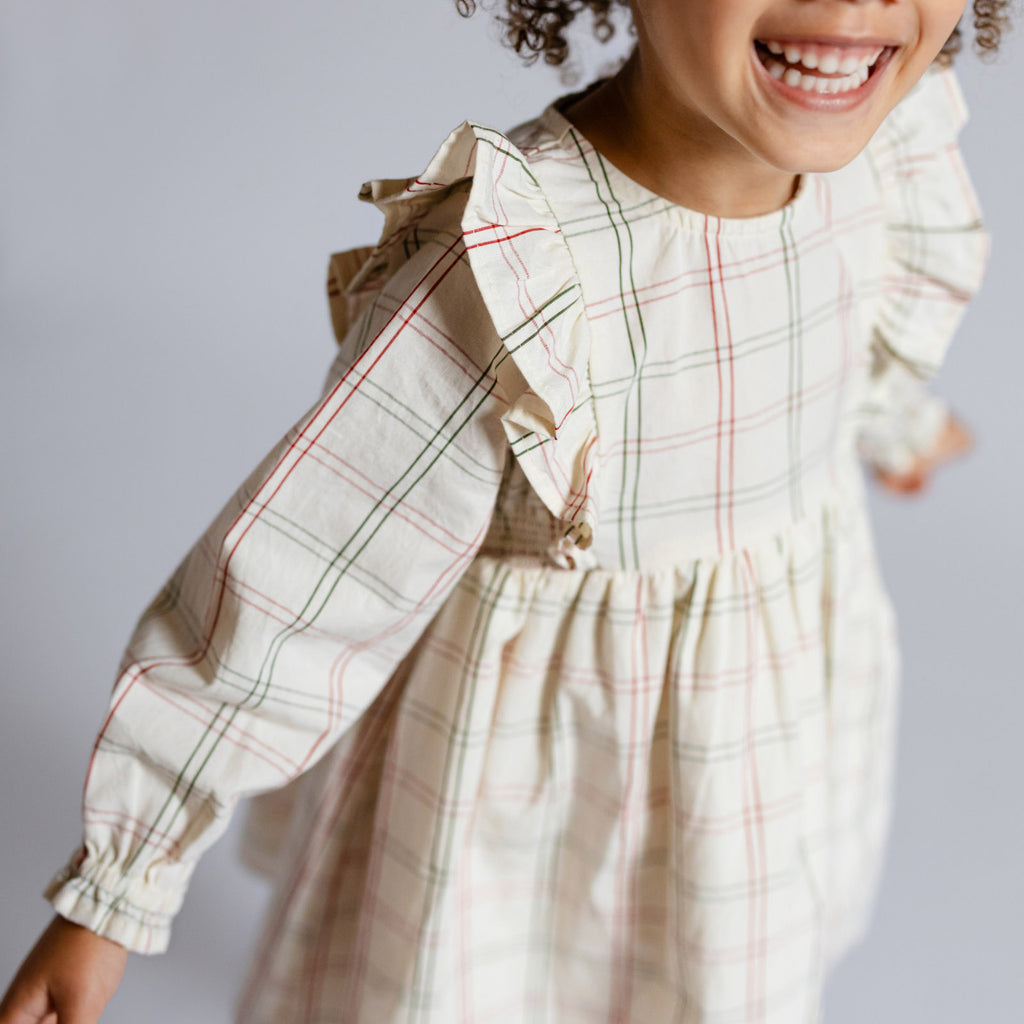 Holiday Check Ruffle Dress - Noel- On Toddler- Red and Green Windowpane- Ruffle Sleeve