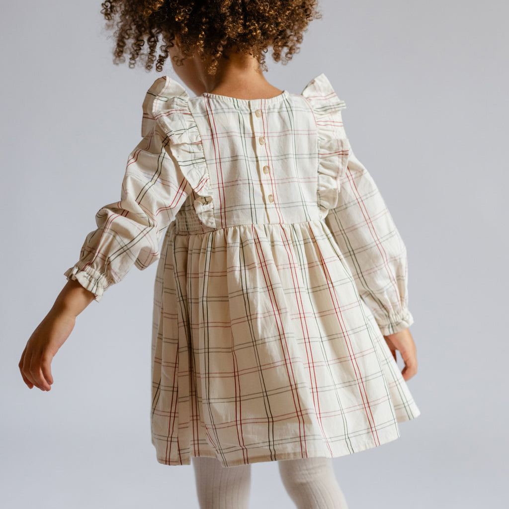 Holiday Check Ruffle Dress - Noel- On Toddler- Red and Green Windowpane- Back Of Dress- Buttons