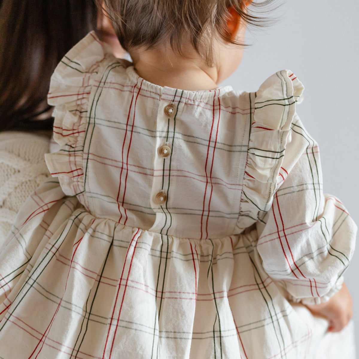 Holiday Check Ruffle Dress - Noel- On Baby- Red and Green Windowpane- Buttons- Ruffle