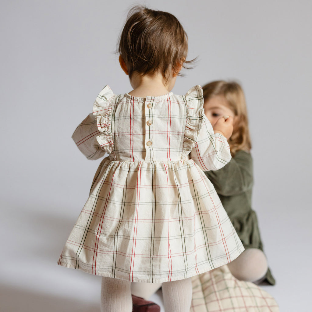 Holiday Check Ruffle Dress - Noel- On Toddler- Red and Green Windowpane- Buttons