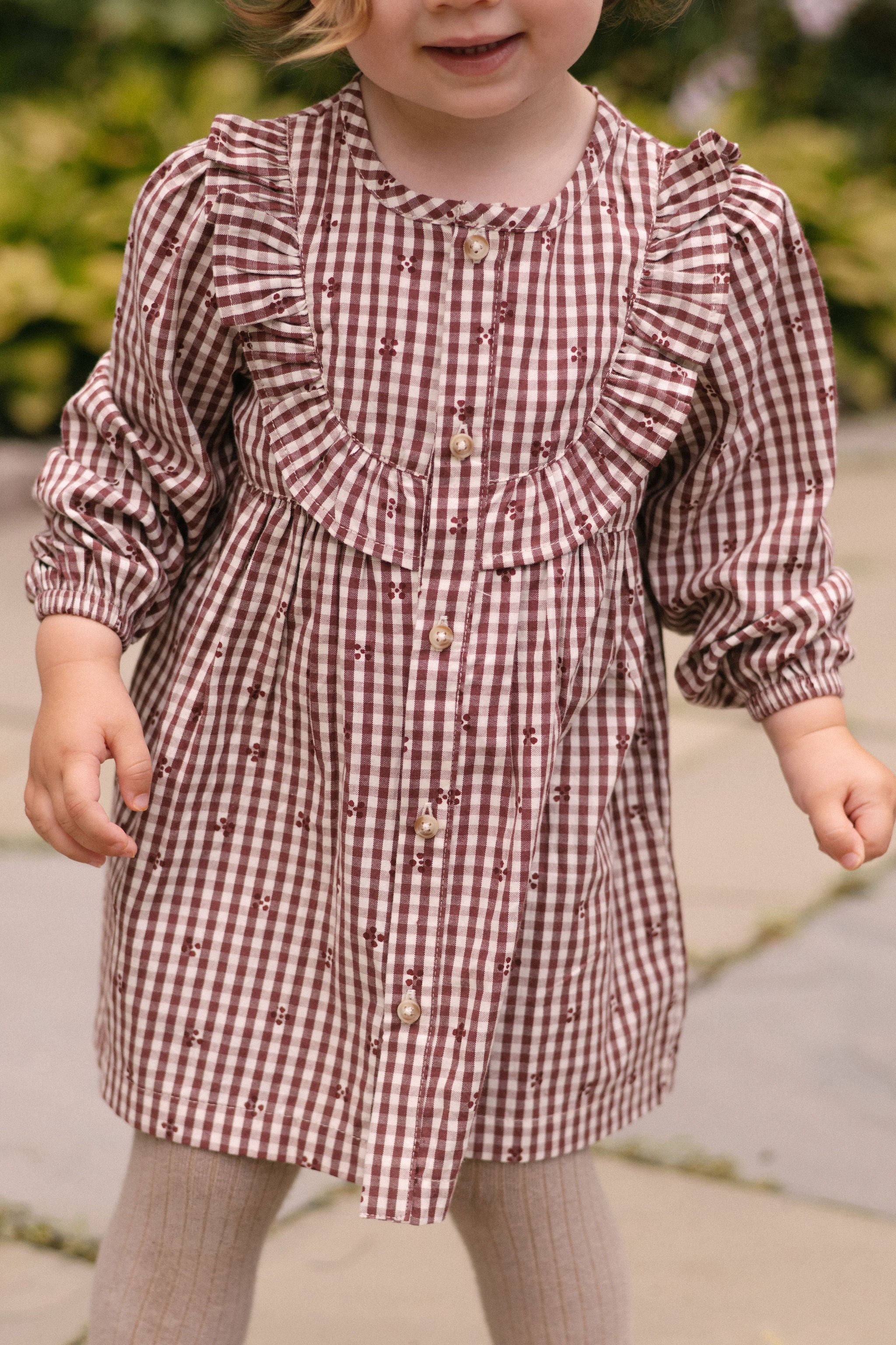 Printed Gingham Dress - Mulberry Clover- Front- On Model