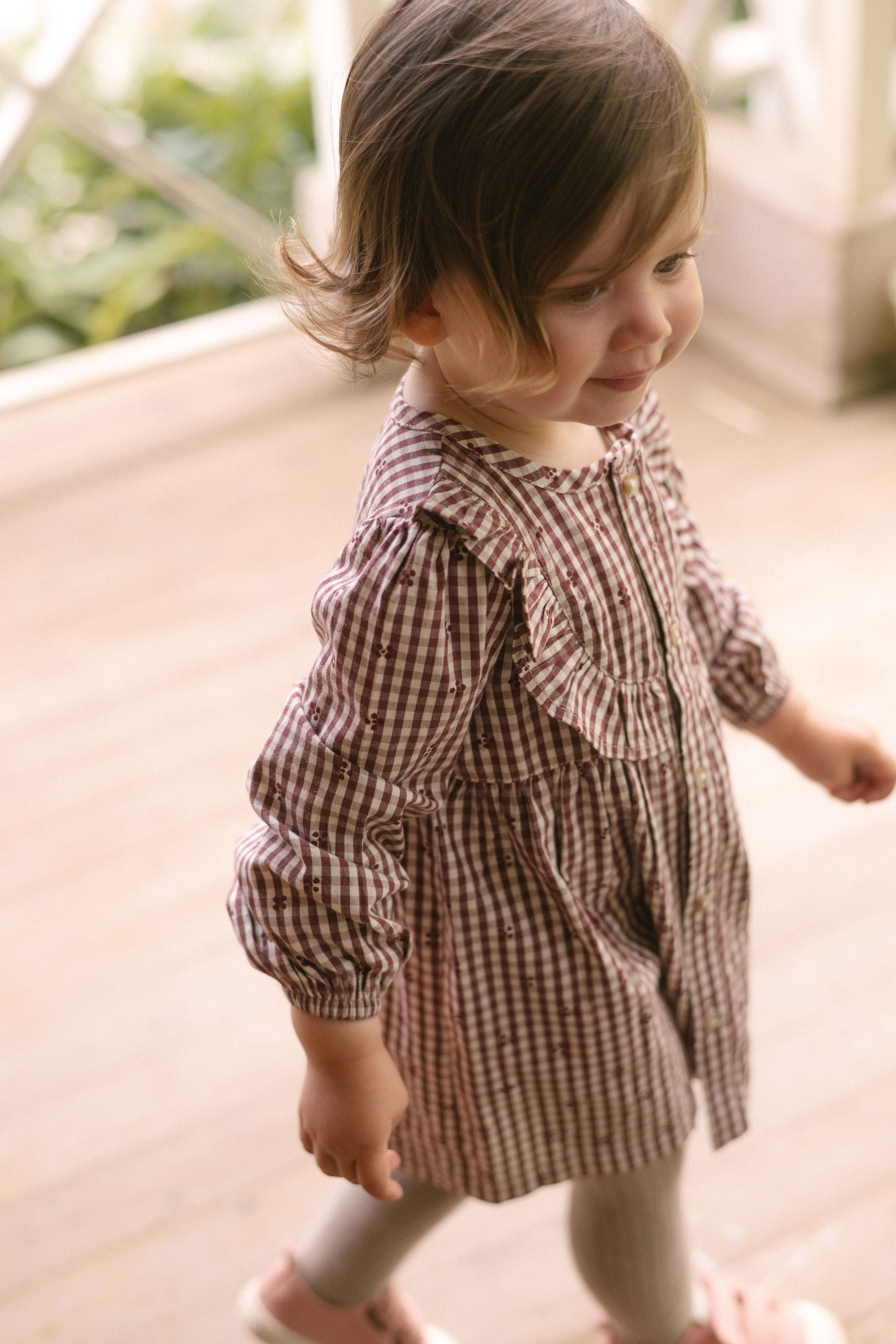 Printed Gingham Dress - Mulberry Clover- Front- On Model- Side