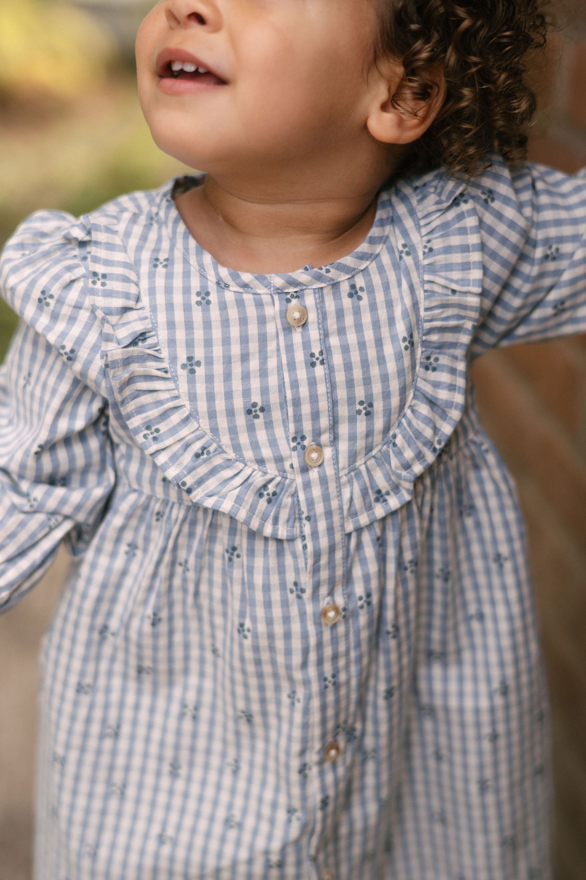 Printed Gingham Dress - Harbor Clover- Front- On Model- Up Close