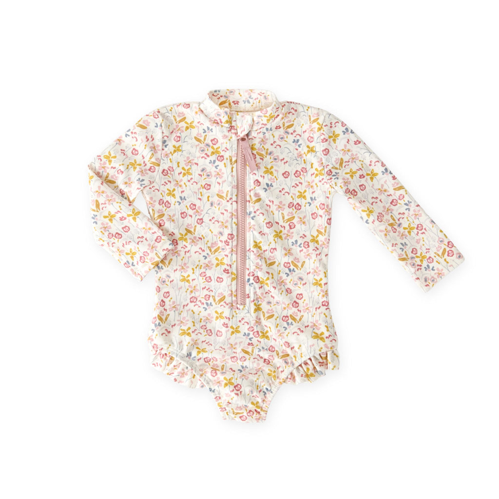 swim long sleeve hip ruffle one piece floret in multi pattern