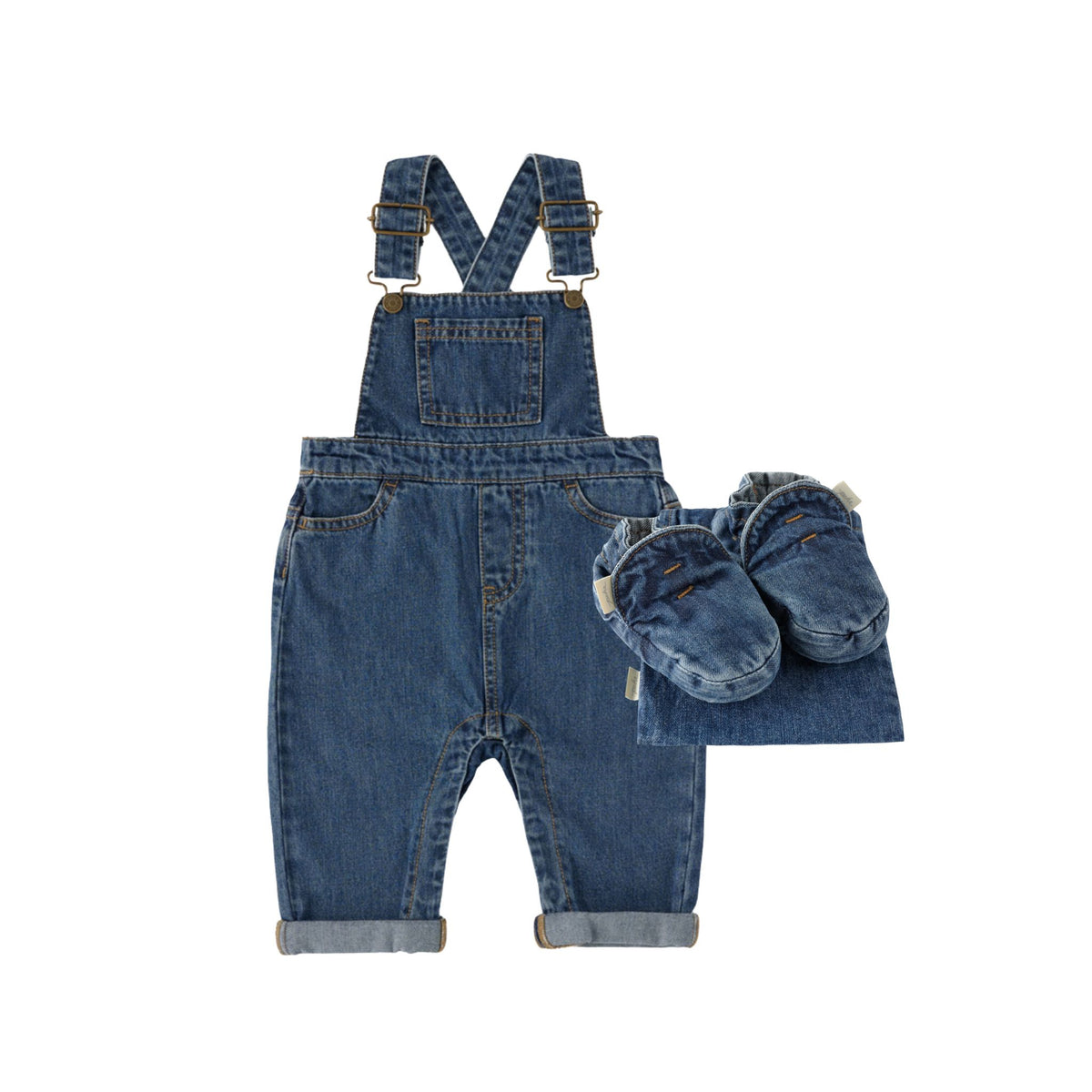kids overall and bootie set vintage wash in blues pattern