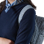Soft Indigo Twill Convertible Diaper Bag On Model - Backpack View
