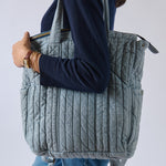 Soft Indigo Twill Convertible Diaper Bag On Model - Side View
