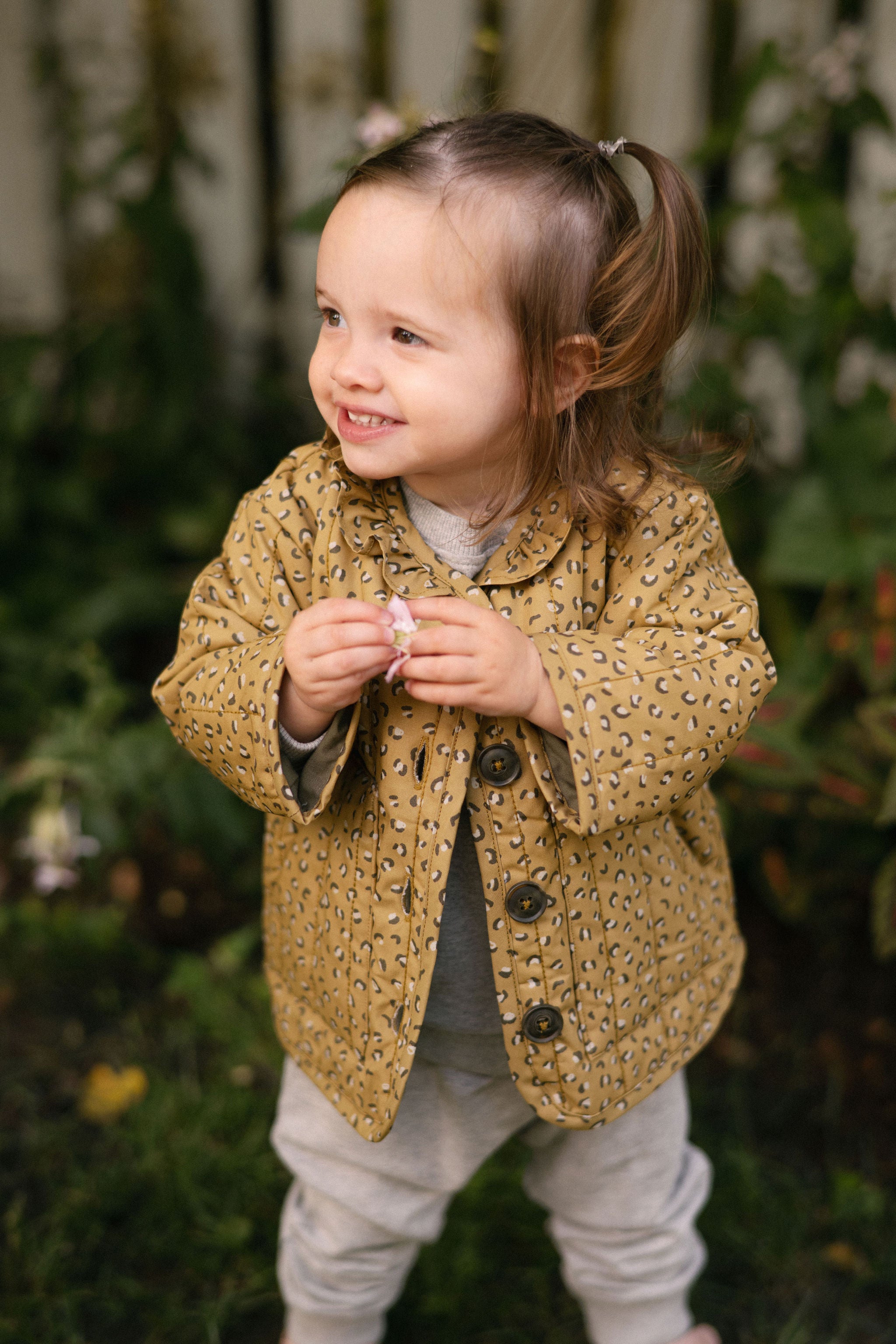 Coated Quilted Ruffle Jacket - Spotted- On Model- Front