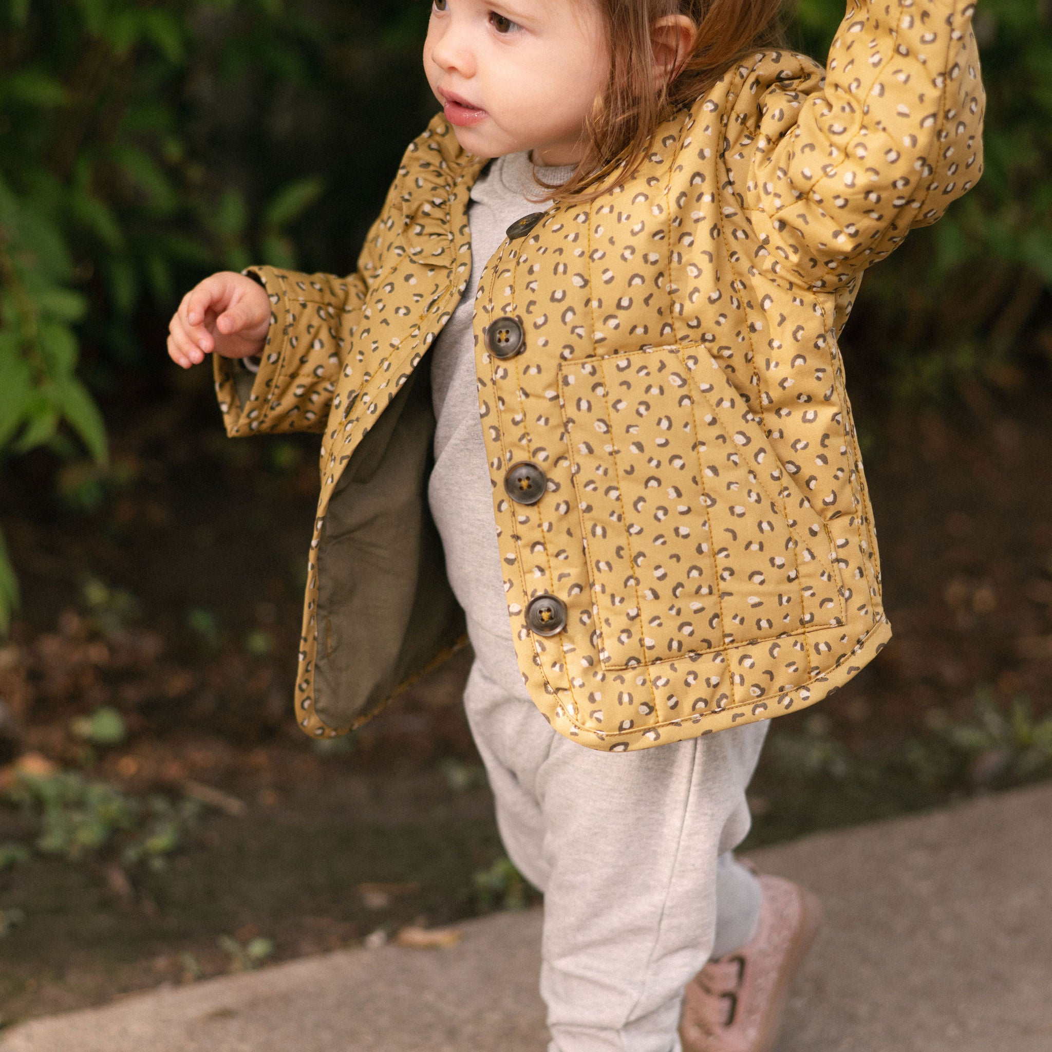 Coated Quilted Ruffle Jacket - Spotted- On Model- Side